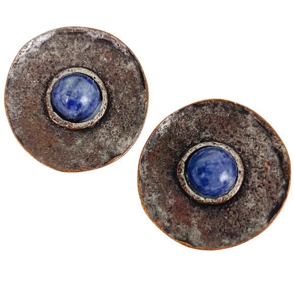 Vintage 70s 80s Modernist Brutalist Textured Copper Blue Quartz Clip On Earrings - Picture 1 of 11